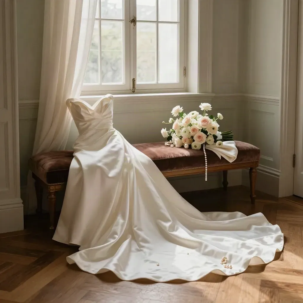 Silk bridal gown train settling on a velvet bench with bouquet, pearls, and wrap in window light.