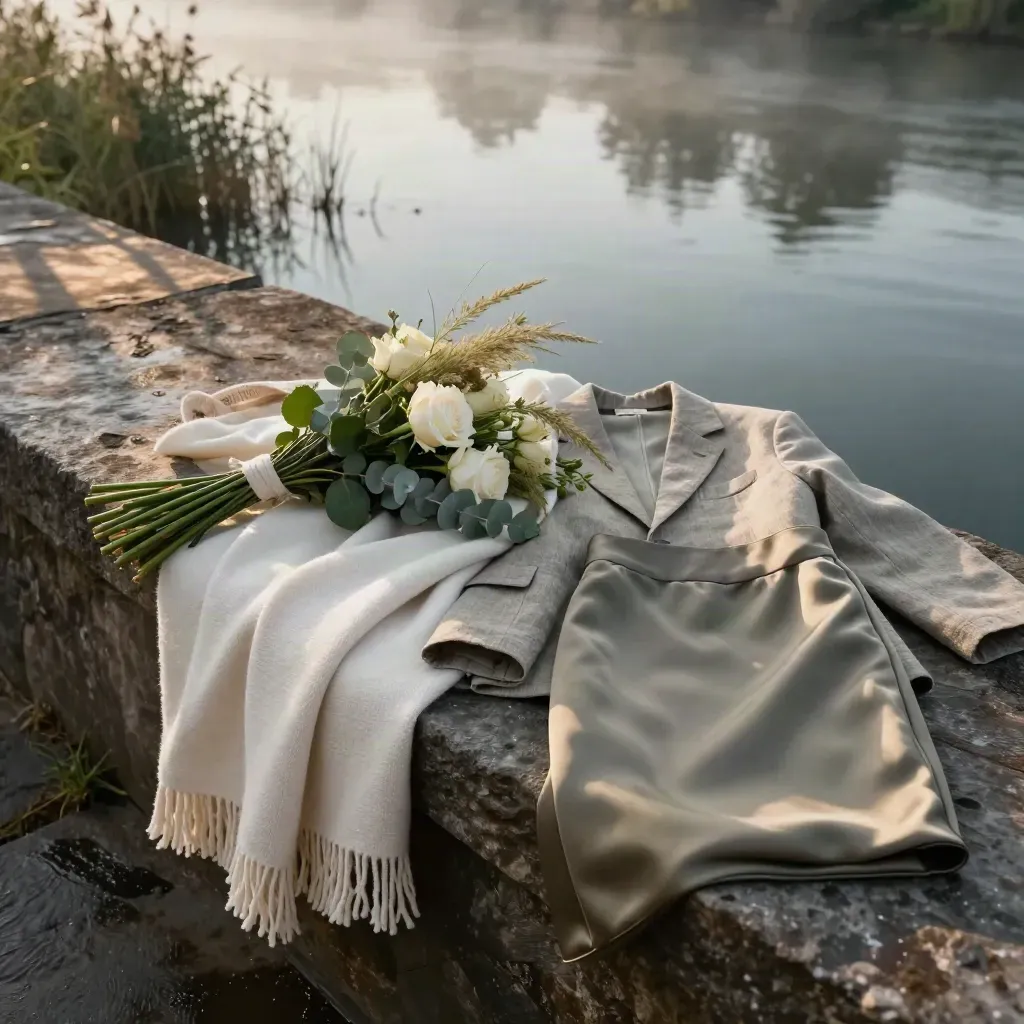 Misty riverside styling with a throw, bouquet, and coordinated couple outfits on a stone ledge.