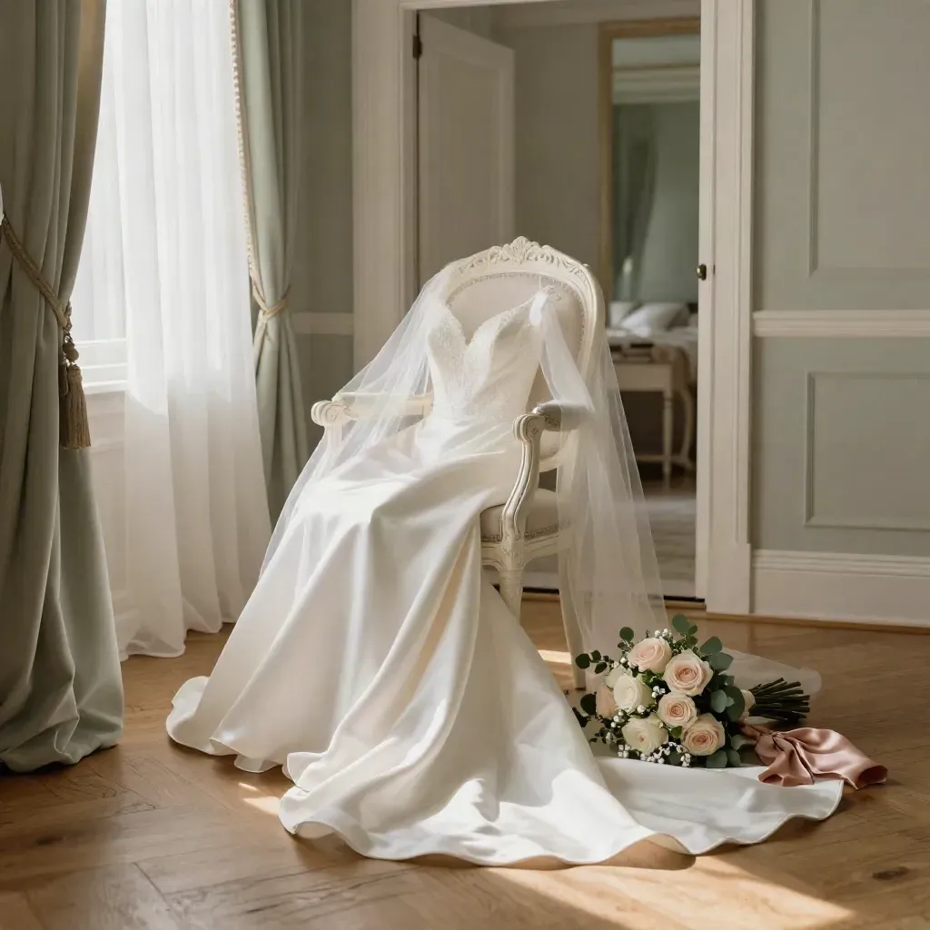 Bridal suite chair with gown train, veil, bouquet and soft wrap in morning window light.