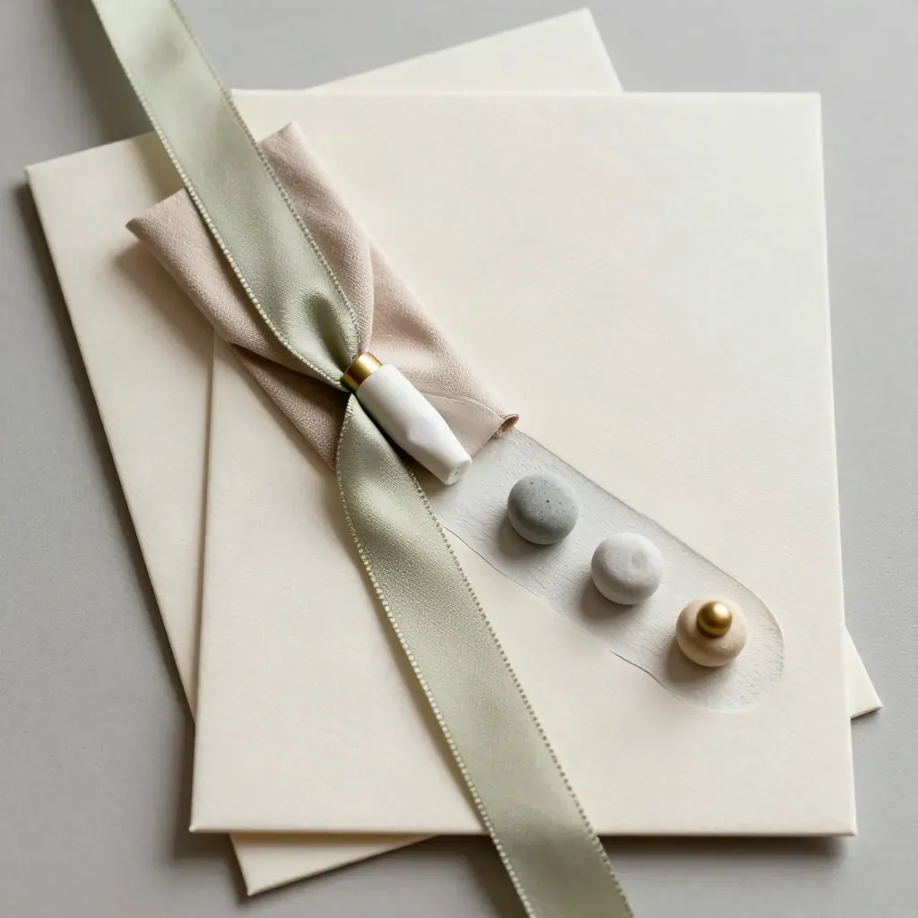 Overhead wedding shot-planning still life with cards, fabric swatches, and stone markers.