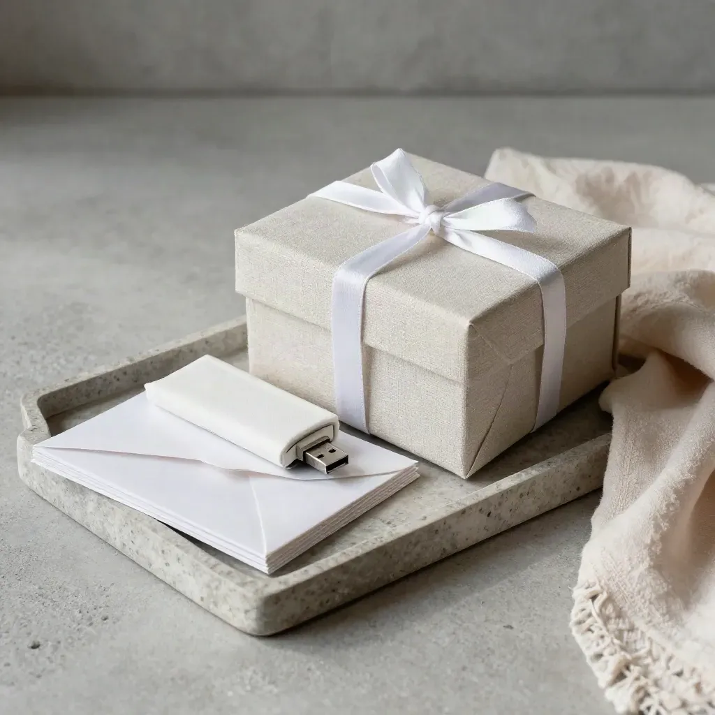 Wedding delivery bundle on a stone tray with box, USB sleeve, print envelope and proof prints.
