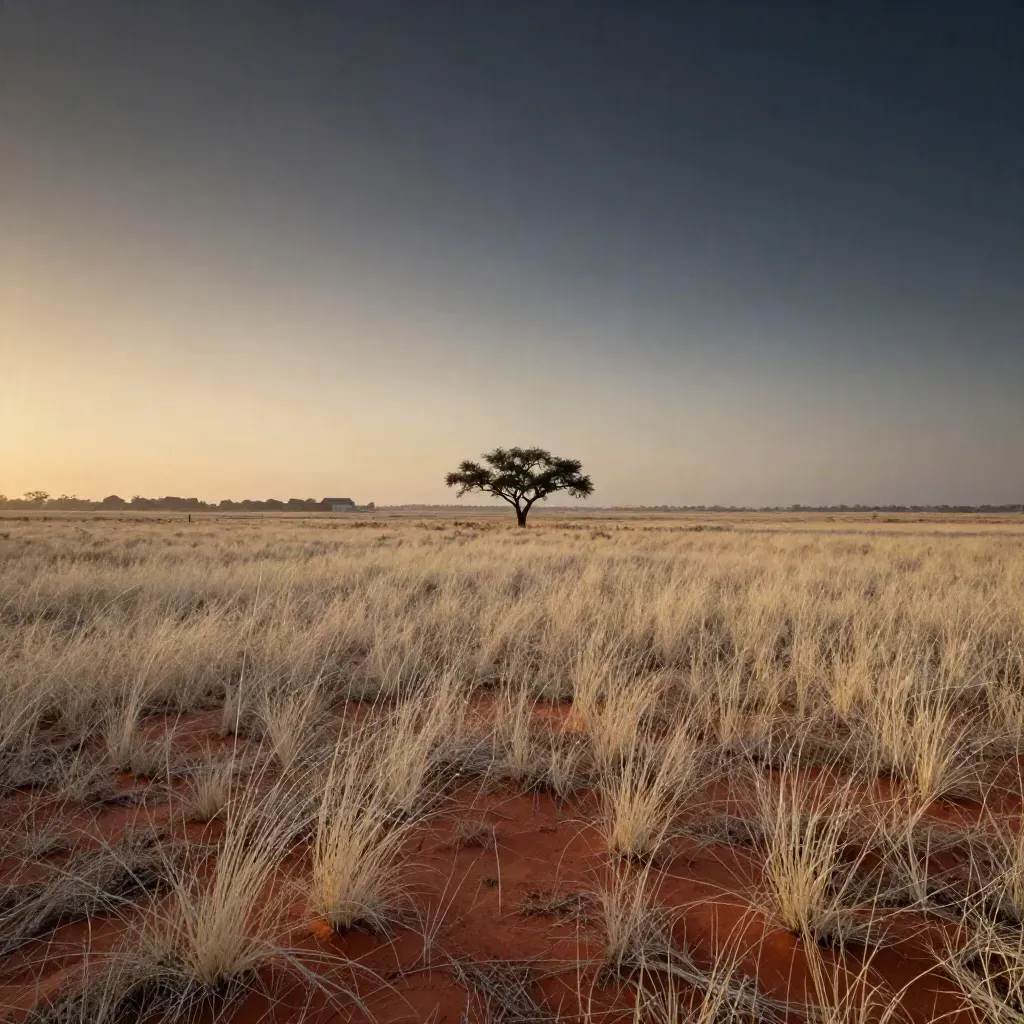 Central Texas prairie at dusk with mesquite silhouettes, pale grass, and a distant farmhouse line.